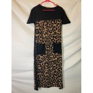 WOMENS‎ SIZE LARGE L ANIMAL PRINT BLACK DRESS LONG SHORT SLEEVE